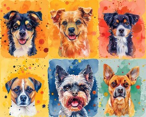 Knolling item sheet of dogs, bright watercolor, cute and playful, vibrant and cheerful