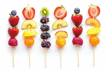Creative arts meet isolated foods with a variety of fruit and berries on skewers, heath vibe on white background