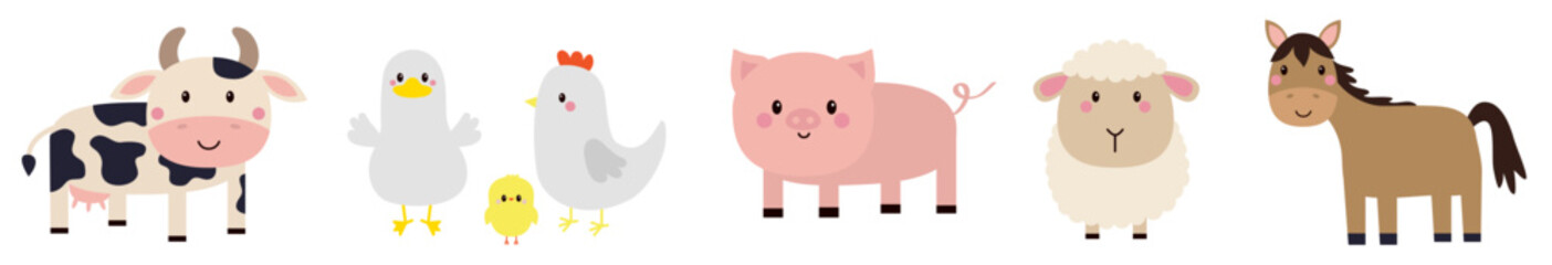 Farm animal set line. Sheep, pig, cow, hen chicken, duck bird, horse icon. Cute cartoon kawaii funny baby character. Nursery decoration. Kids education. Flat design. White background. Isolated. Vector