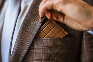 persons hand putting a chocolate bar into a suit jacket pocket