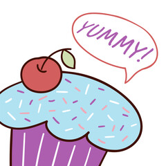 Greeting card with a bright and delicious cupcake, muffin, and inscription. The illustration is hand-drawn in a doodle style