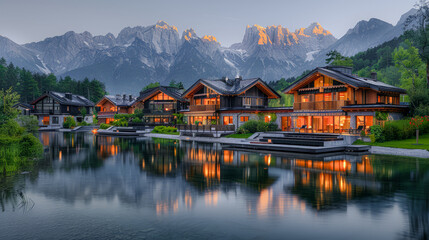 Fototapeta premium Modern Eco-Living Sustainable Modern Architecture Amidst Mountain Scenery Digital Art Background Poster Brainstorming Card