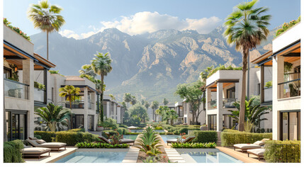 Fototapeta premium Modern Eco-Living Sustainable Modern Architecture Amidst Mountain Scenery Digital Art Background Poster Brainstorming Card