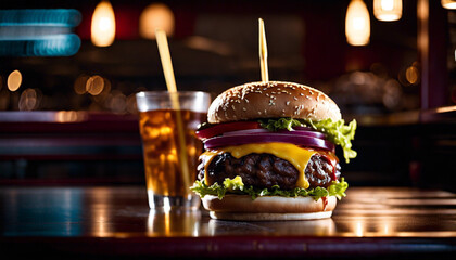 Beef Burger with Cheese and Onions with Soda Juice at a restaurant, Exquisite Flavors  
