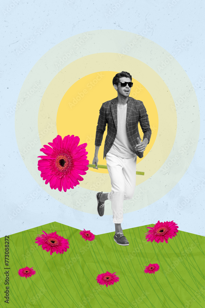 Sticker Collage artwork picture of funky cool guy walking gathering delivering flowers girlfriend isolated painting background