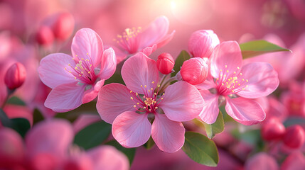 Close-up of pink cherry blossoms in bloom with soft sunlight filtering through, symbolizing spring. - obrazy, fototapety, plakaty