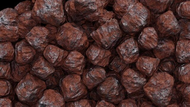 Realistic 3D animation of the hematite or haematite ore chunks aka as iron ore falling from the top filling up the volume rendered in UHD with alpha matte