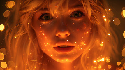 Portrait of a woman with sparkling lights, creating a magical and warm atmosphere.