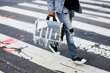 man with a frayed denim messenger bag crossing an urban crosswalk - obrazy, fototapety, plakaty