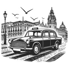 classic Lisbon taxi in front of historic city arch streetscape, evoking sense of Portuguese charm sketch engraving generative ai raster illustration. Scratch board imitation. Black and white image.