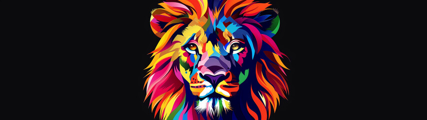 Colorful Abstract Lion Head Art on Black Background
