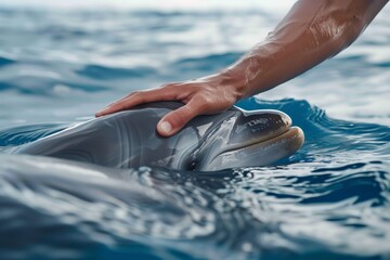 closeup of a persons hand touching a dolphins smooth skin in the open sea - obrazy, fototapety, plakaty