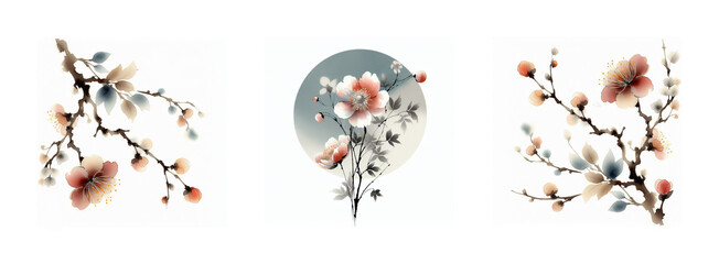 Delicate and serene illustrations of cherry blossoms in soft pastel colors, perfect for home decor and greeting cards. East Asian painting style, watercolor, painting on silk