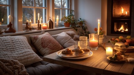 Fototapeta na wymiar Warm candles and cozy pillows in a Danish kitchen. In the style of hygge.