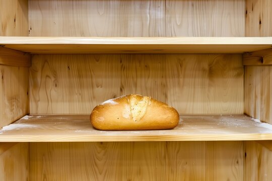 one loaf of bread on an otherwise empty wooden pantry shelf