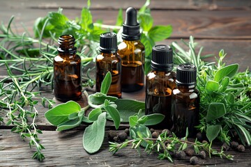 array of essential oil bottles with fresh herbs on wood - obrazy, fototapety, plakaty