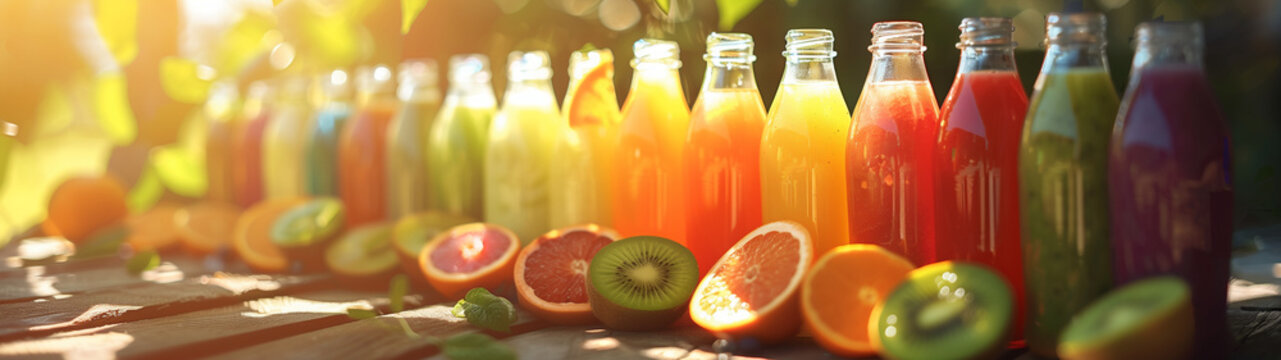 Assorted Fresh Fruit Juices in Clear Bottles with Sun Flare