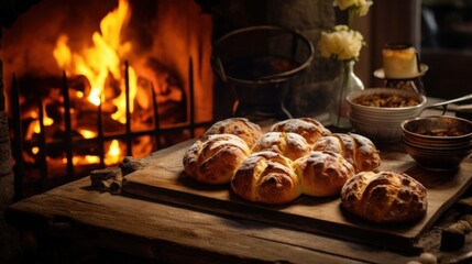 Warm homemade baking on a Danish kitchen. In the style of hygge - obrazy, fototapety, plakaty