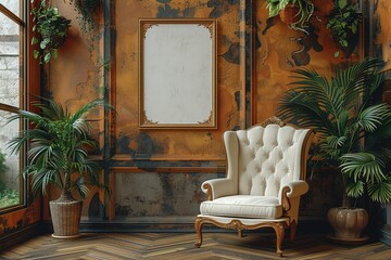 Comfortable armchair in a room with natural light and copy space poster