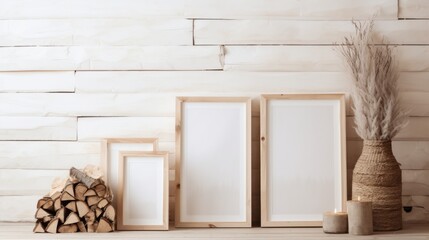 Wooden frames for photos and artwork. In the spirit of hygge. Copy space.