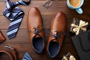 Father's day essentials: Flat lay of stylish men's shoes and accessories with gifts on a rustic wooden background - obrazy, fototapety, plakaty