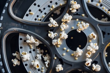 open film reel with popcorn kernels threaded in the sprockets - obrazy, fototapety, plakaty