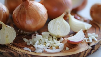 Obraz na płótnie Canvas Fresh onions and chopped onions on a wooden board.