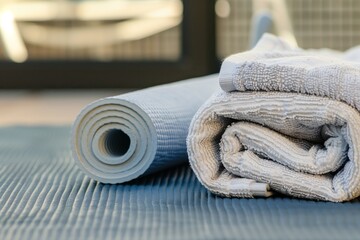 rolled towel next to roller for yoga session