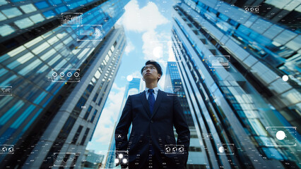 business professionals gazing at skyscrapers with digital data interface overlays, AI and digital concept.