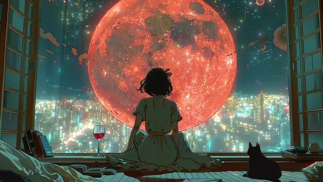 An animated scene featuring a girl with wine and a cat against a nighttime cityscape backdrop. Lo-fi style. Continuous loop