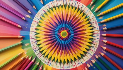 Vibrant colored pencils arranged in a captivating circular pattern, creating a rainbow of hues