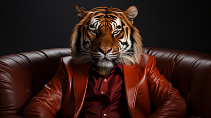 Picture a sleek tiger in a tailored leather blazer, adorned with silver biker chains and mirrored aviators. Against a backdrop of urban nightlife, it exudes fierce style and attitude. - obrazy, fototapety, plakaty