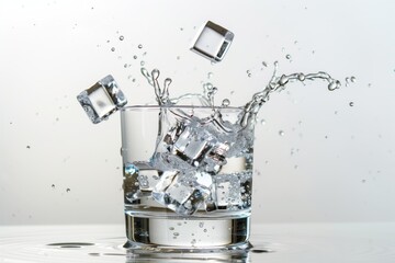 dropping ice cubes into a glass of water, splashes rising above the rim - obrazy, fototapety, plakaty