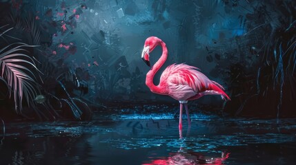 Pink Flamingo Standing in Night