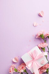 Gifting love for Mother's Day: Top down vertical view of elegant white box with pink ribbon among carnations on a purple canvas with space for your warm wishes