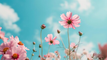 Obraz na płótnie Canvas Pink Flowers Field Under Blue Sky