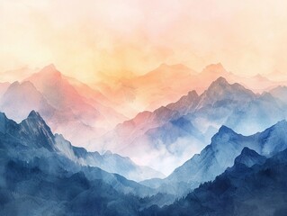 Earthy watercolor mountain range, 8K, with gradient sky, tranquil and majestic view - obrazy, fototapety, plakaty