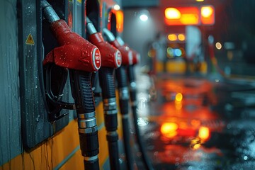 Fuel pumps on gas station close up shot - obrazy, fototapety, plakaty