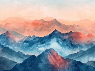 Earthy watercolor mountain range, 8K, with gradient sky, tranquil and majestic view - obrazy, fototapety, plakaty