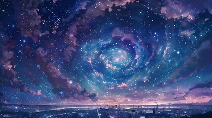 Anime style illustration of a starry sky, with galaxy swirls in the center and city lights