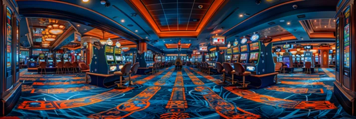 Foto op Canvas Rows of slot machines at the indoor casino, Las vegas casino background © a