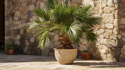 Fototapeta na wymiar Palm tree in a pot with stone wall background and pebbled floor AI-generated