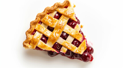 top view of a slice of summer time cherry pie isolated on a white background with copy space.