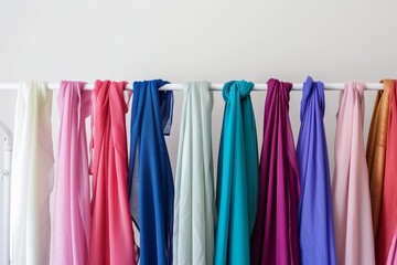 colorful hijabs neatly aligned on a white rack against a plain background