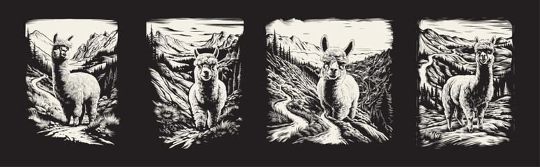 Set of alpaca adventure vintage style illustration, Generative AI.