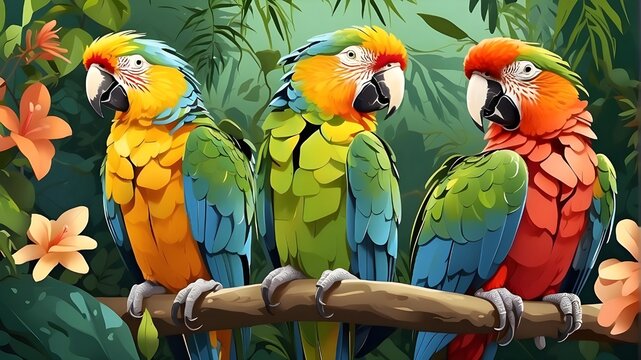 Illustration of birds and animals, plants and rainforests, Macaw and Ari parrots. AI generative. Image of wildlife, nature, jungle, parakeets and birds, pets, and fauna