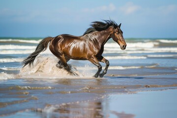 Obraz na płótnie Canvas horse charging through shallow beach water at high tide