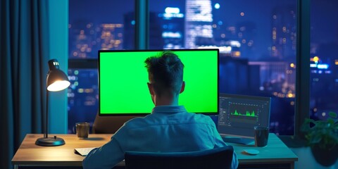 Creative Overhead A young man using a desktop computer with a mock-up green screen while seated at his desk. Evening in the Chic Office Studio with a View of the City Windows