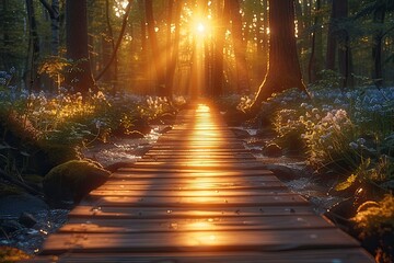 A wooden bridge situated within a forest.Accepting the Divine Path, the forest path, Morning in the woodland, continuing on the road to success - obrazy, fototapety, plakaty