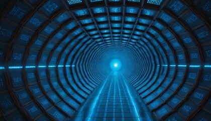 Abstract image of a futuristic blue tunnel with a perspective view leading to a bright light, evoking a sense of speed and technology